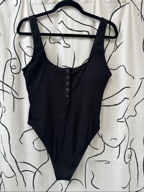 Aerie Black Ribbed Button-Front One Piece